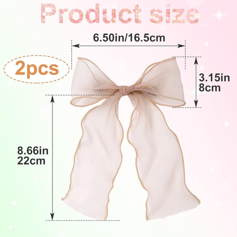 STSTR 2Pcs Large Hair Bow Clips, Champagne Silk Yarn Ribbon Bow Hair Barrette for Women, Elegant Long Tail Bowknot French Hair Accessories for Wedding, Parties, Festivals - Style 4 - Image 2